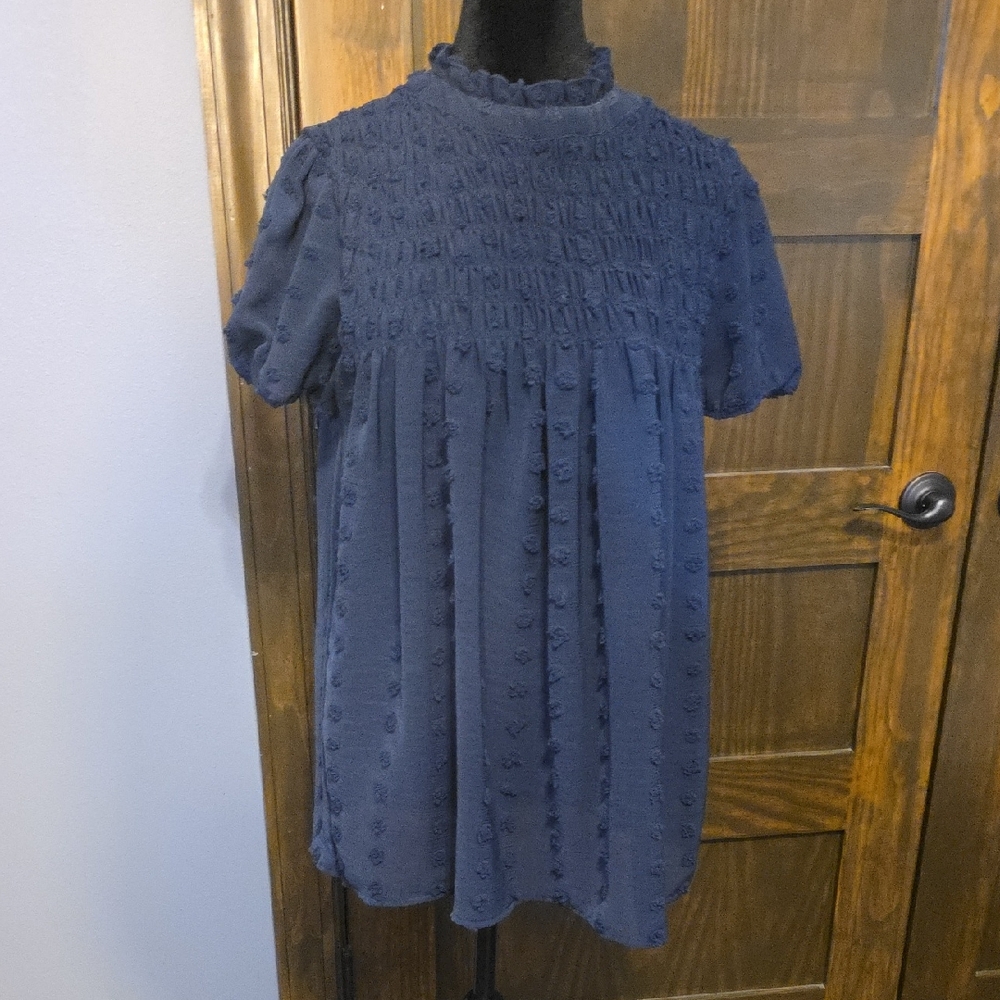 Navy Textured Short Sleeve Blouse
